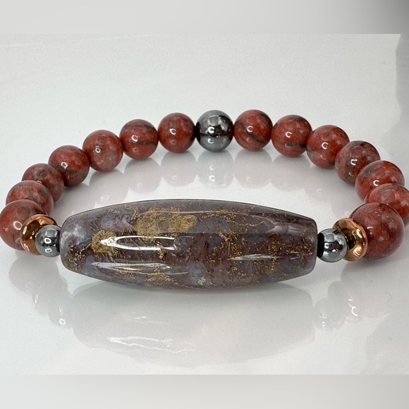 RED JASPER + OCEAN JASPER NATURAL STONES BRACELET size 7” - Picture 14 of 15